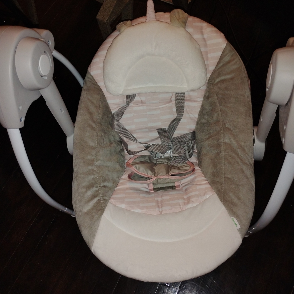 Cozy Baby Swing with Stripes and Unicorn Pillow